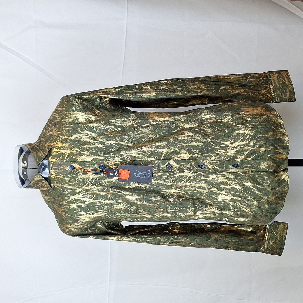 eightX Buckle Long Sleeved Slim Fit Shirt Button Up Metallic Gold Olive Green